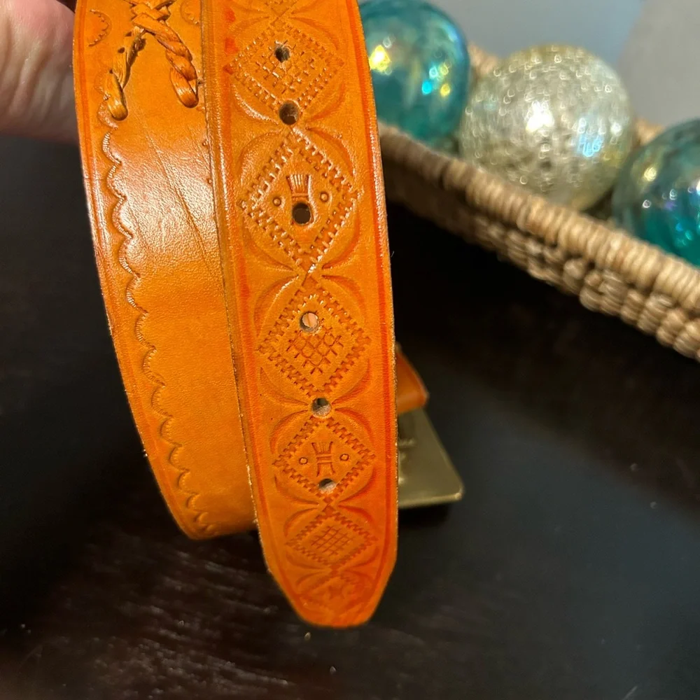 Trinity Solid Brass with Wood inlay detail Buckle with whip stitch leather belt